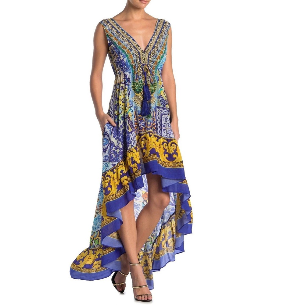 Shahida Parides High Low Long Maxi Dress Blue Medium Large Tassel Ruffle Boho